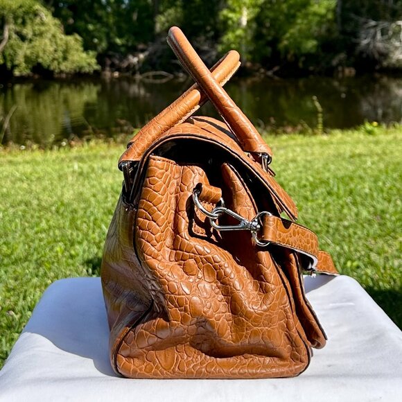 MICHAEL Michael Kors Sloan Croc Embossed Mocha Leather Silver Shoulder Satchel - Picture 3 of 15